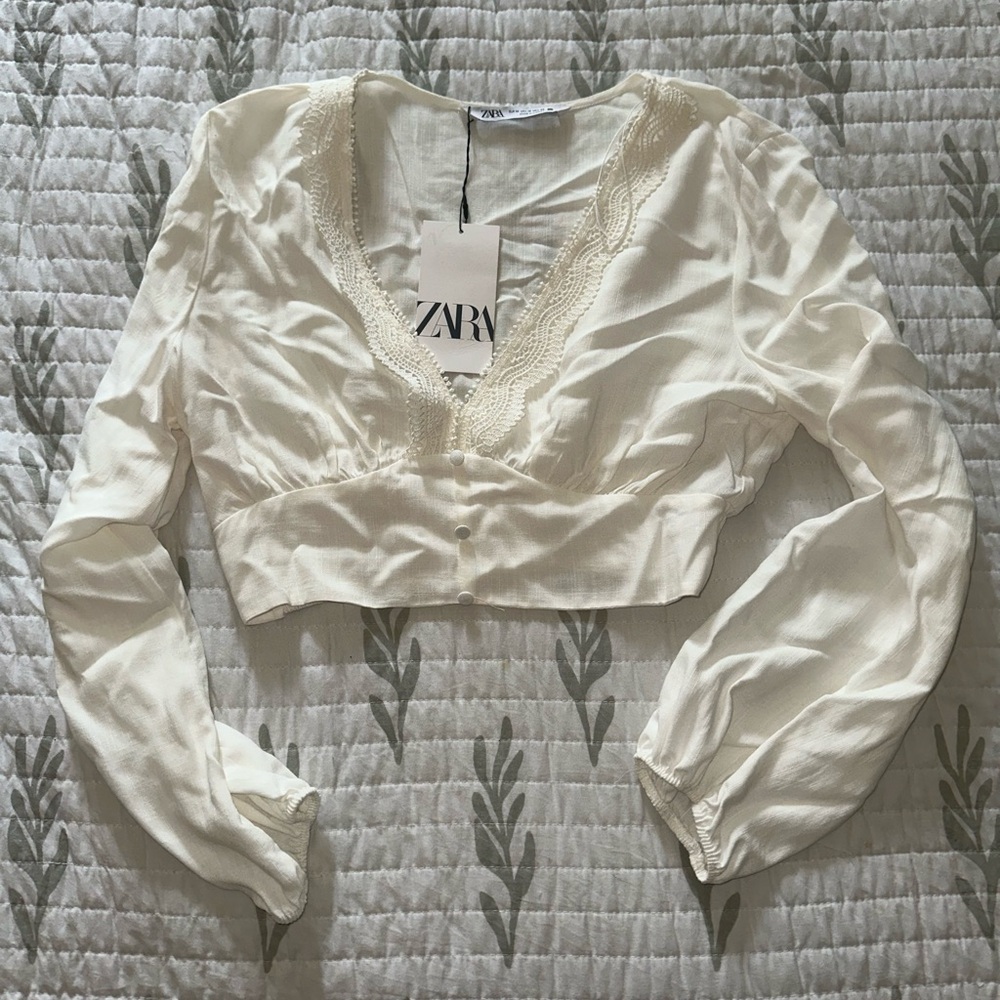 Zara Cream Cropped Top with Lace Trim